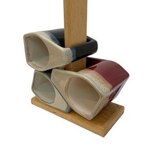 Rodolfo Padilla Mugs Lot of 3 With Wooden Mug Tree Stand Kokopelli Dolphin
